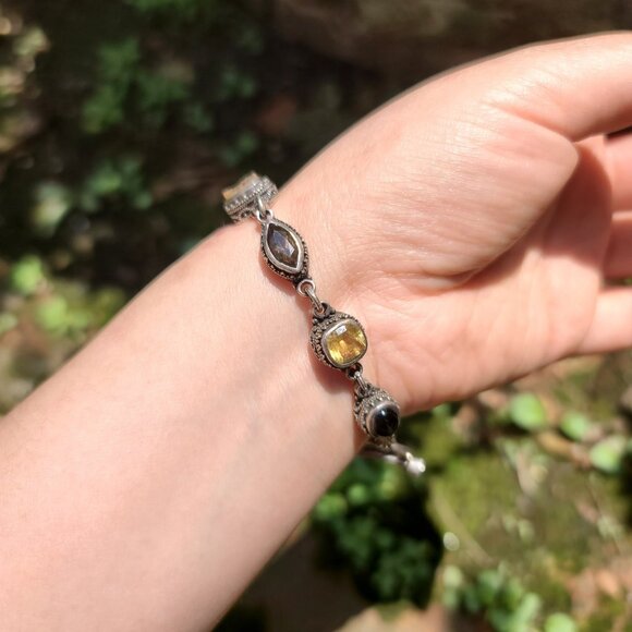 Handmade Sterling Silver Toggle Bracelet with Multi Gemstones and Ornate Detail - Picture 10 of 12